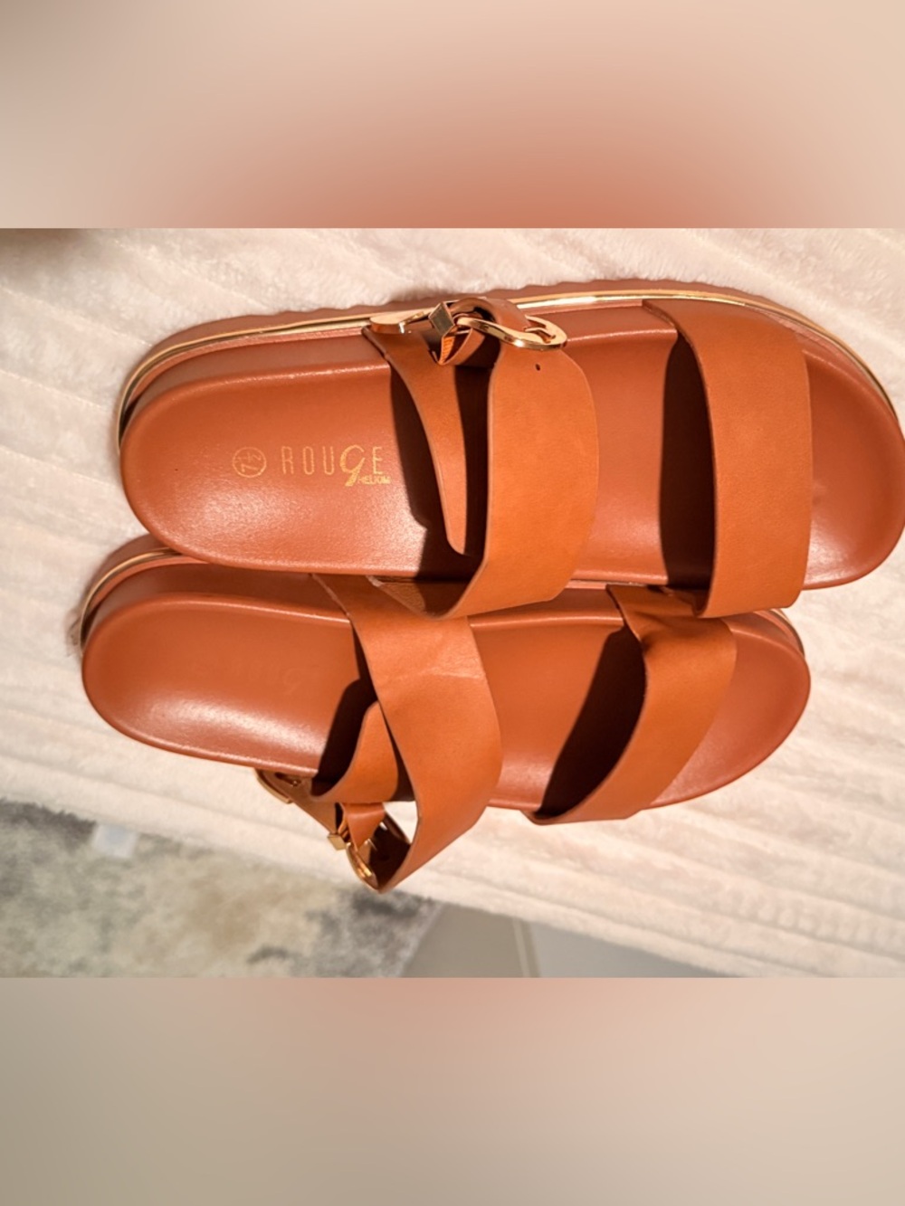 Rouge! Tan Leather Double Strap Sandals with Gold Buckle